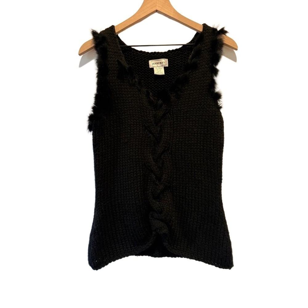 Jenni Max NYC Vintage Size L Black Knit Sweater Vest Cable Real Fur Trim Detail